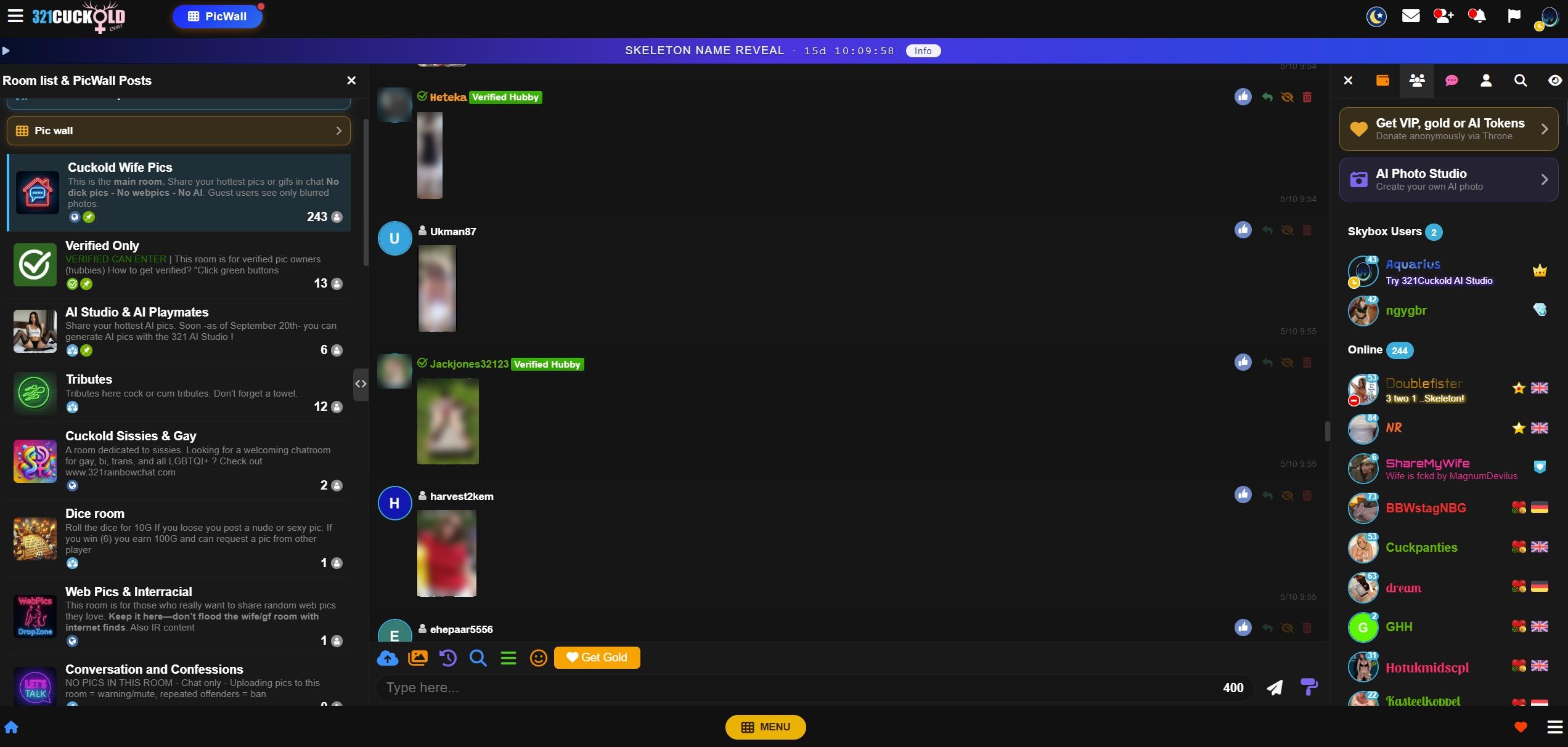 The 321Cuckold chat with chat rooms, PicWall and the AI Photo Studio